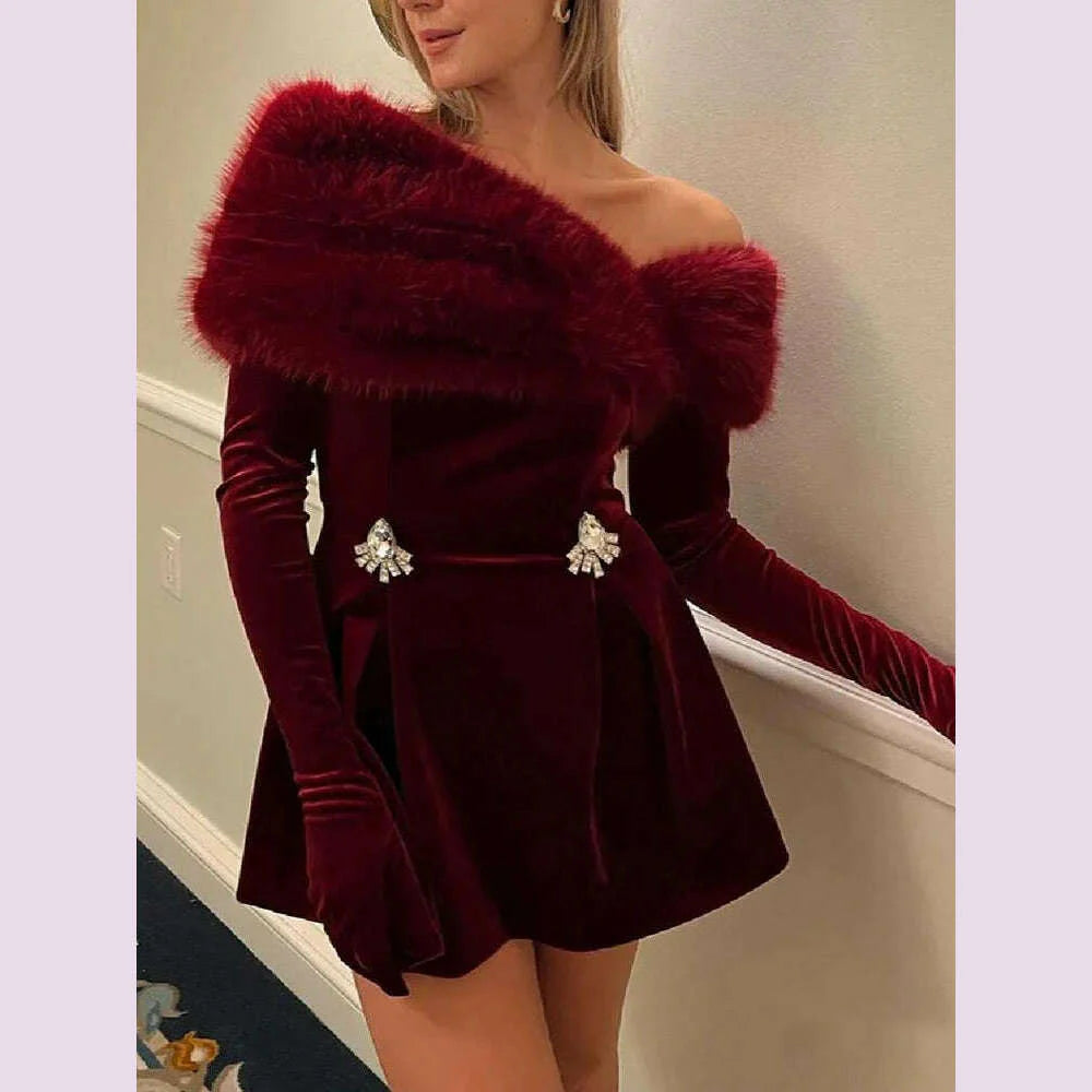 TWOTWINSTYLE Solid Patchwork Diamonds Designer Dresses For Women Round Neck Splicing Gloves High Waist Mini Chic Dress Female