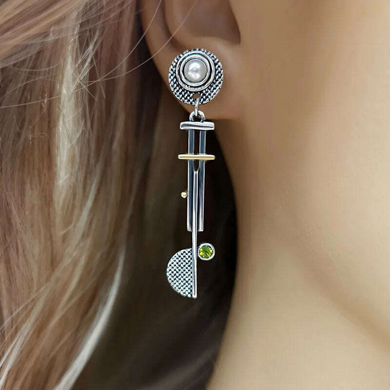 Vintage Round Semicircle Long Bar Pearl Earrings Hip Hop Punk Mechanical Drop Dangle Steampunk Disc Pendant Earrings Jewelry