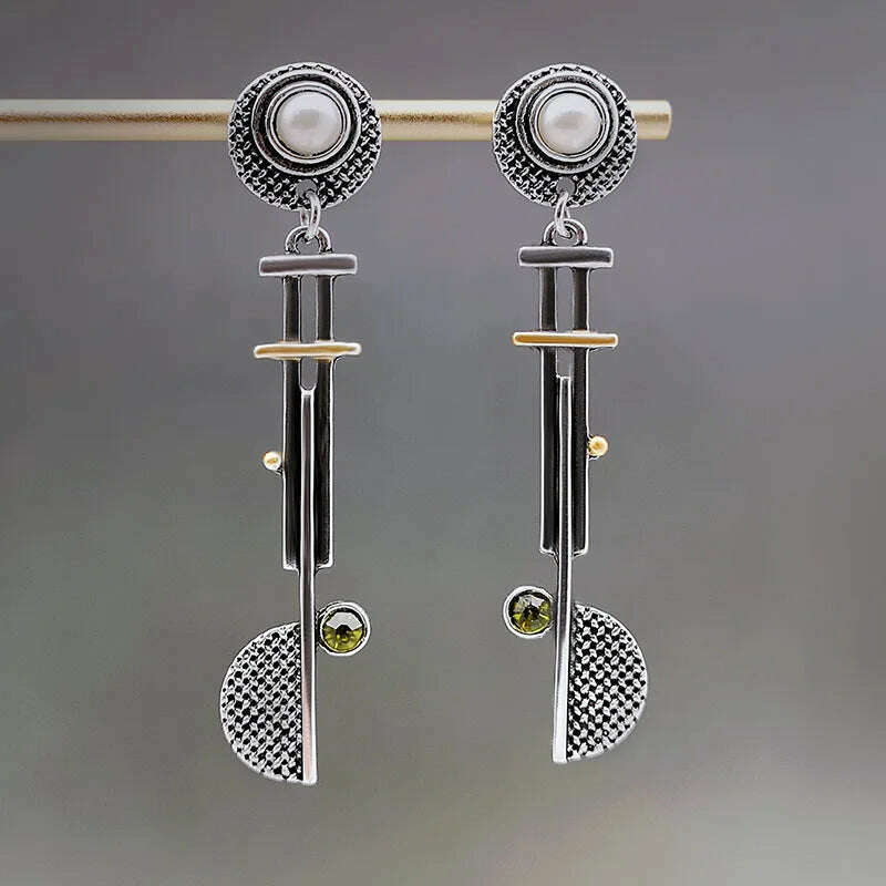 Vintage Round Semicircle Long Bar Pearl Earrings Hip Hop Punk Mechanical Drop Dangle Steampunk Disc Pendant Earrings Jewelry