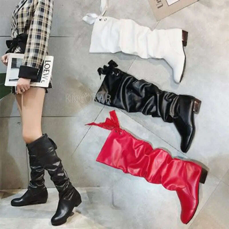 Women 2023 Spring Knee High Boots Red Black White Tall Boots Woman Pleated Low Heel Casual Leather Female Long Shoes