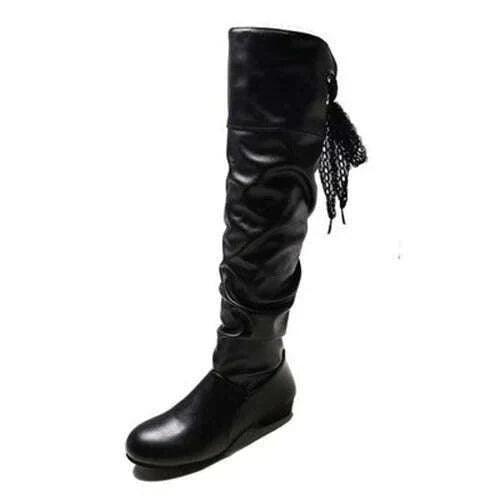 Women 2023 Spring Knee High Boots Red Black White Tall Boots Woman Pleated Low Heel Casual Leather Female Long Shoes