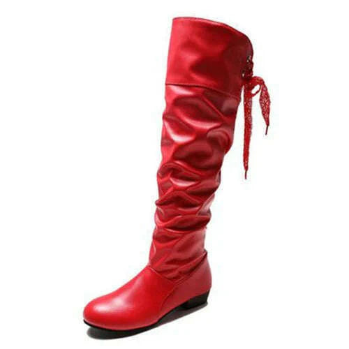 Women 2023 Spring Knee High Boots Red Black White Tall Boots Woman Pleated Low Heel Casual Leather Female Long Shoes