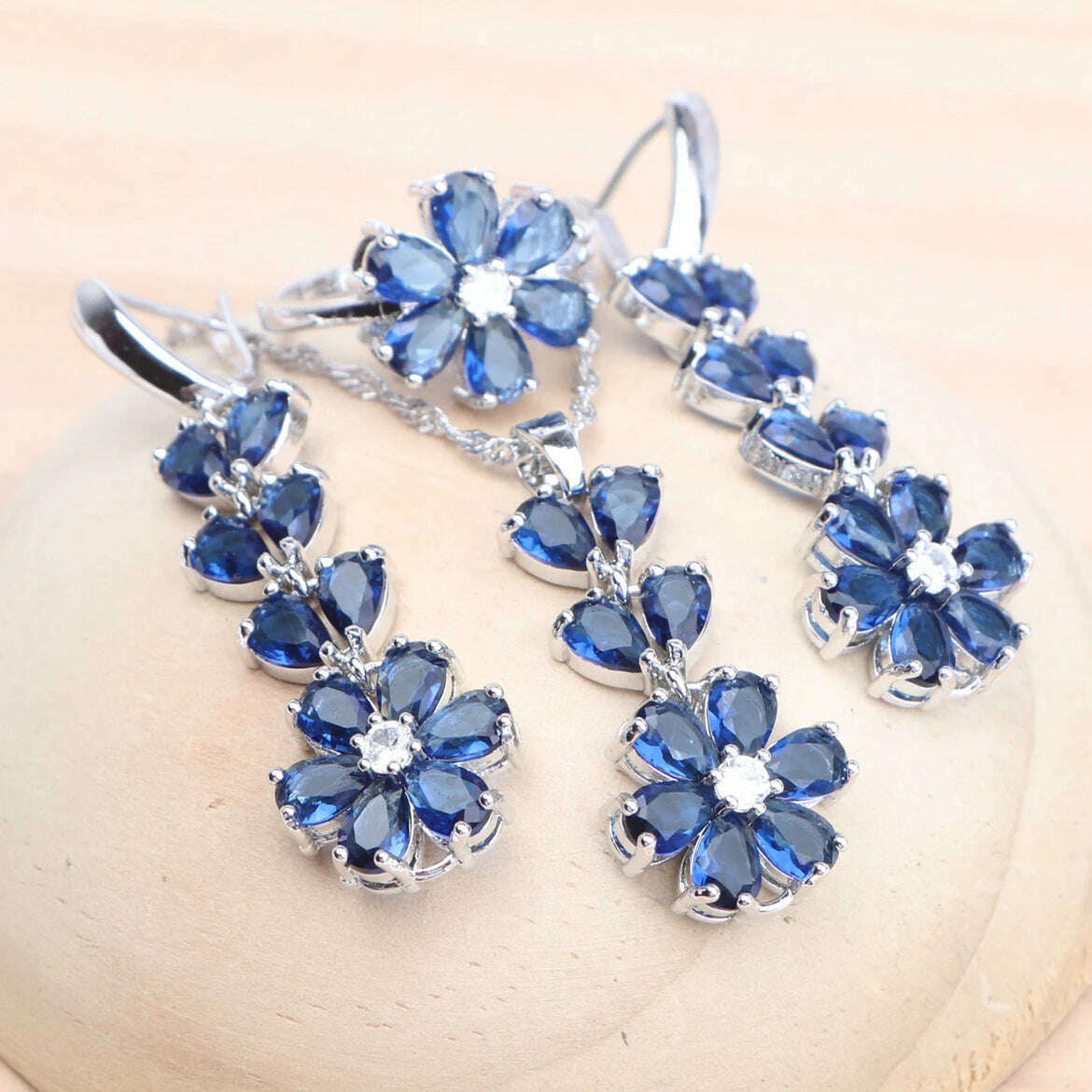 Women 925 Silver Bridal Jewelry Sets Blue Cubic Zirconia Wedding Earrings Rings Bracelets Pendant Necklace Set