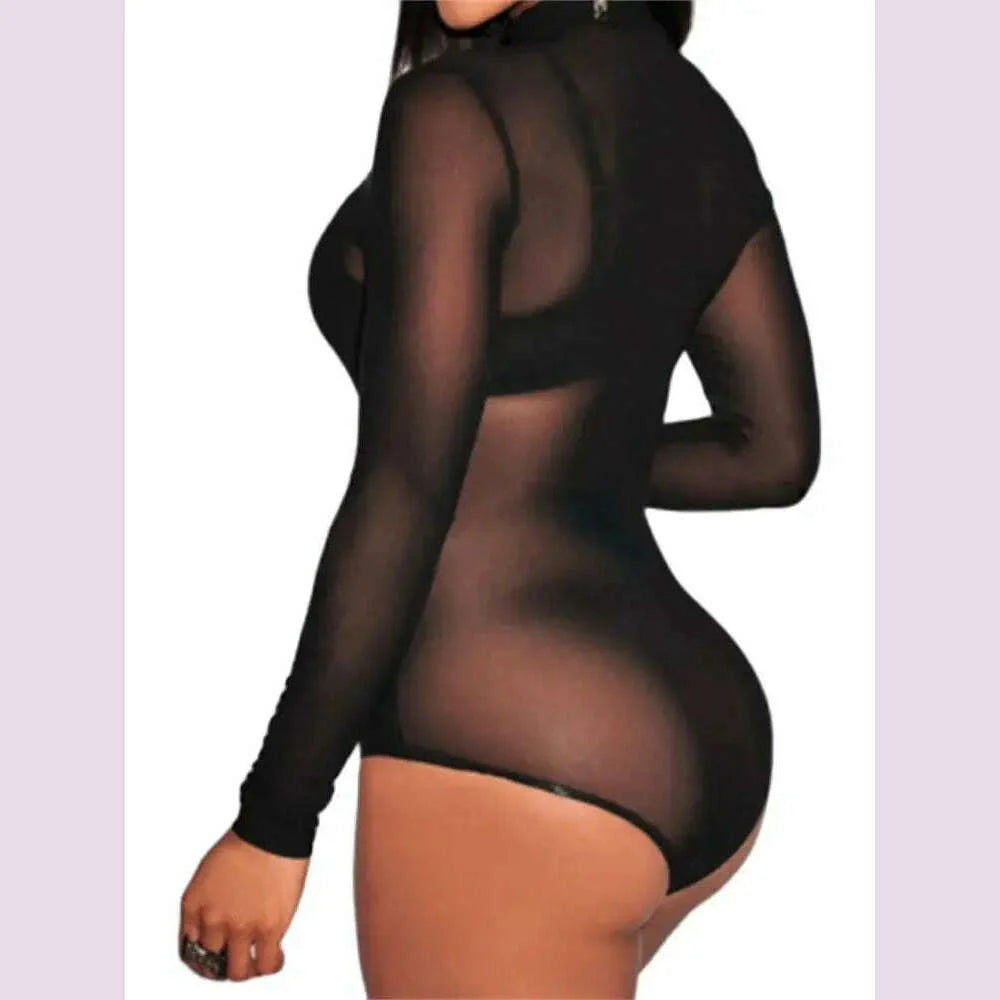 Women Mesh Bodysuits Summer Fall Long Sleeve Mock Neck Bodycon Body Top See Through Vintage Sexy Clubwear