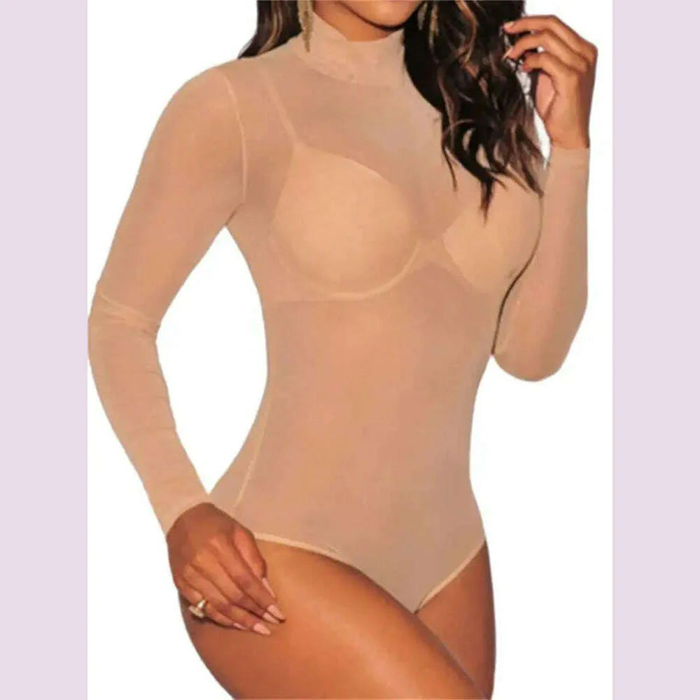 Women Mesh Bodysuits Summer Fall Long Sleeve Mock Neck Bodycon Body Top See Through Vintage Sexy Clubwear