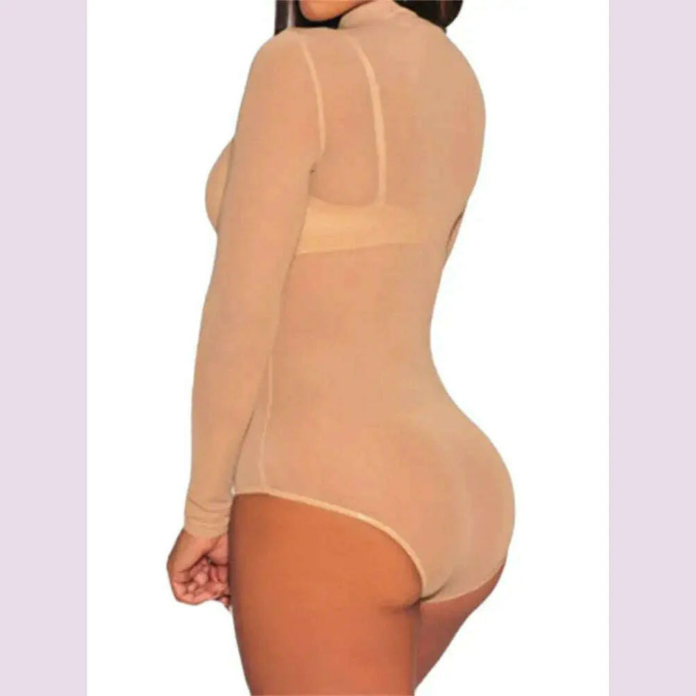 Women Mesh Bodysuits Summer Fall Long Sleeve Mock Neck Bodycon Body Top See Through Vintage Sexy Clubwear