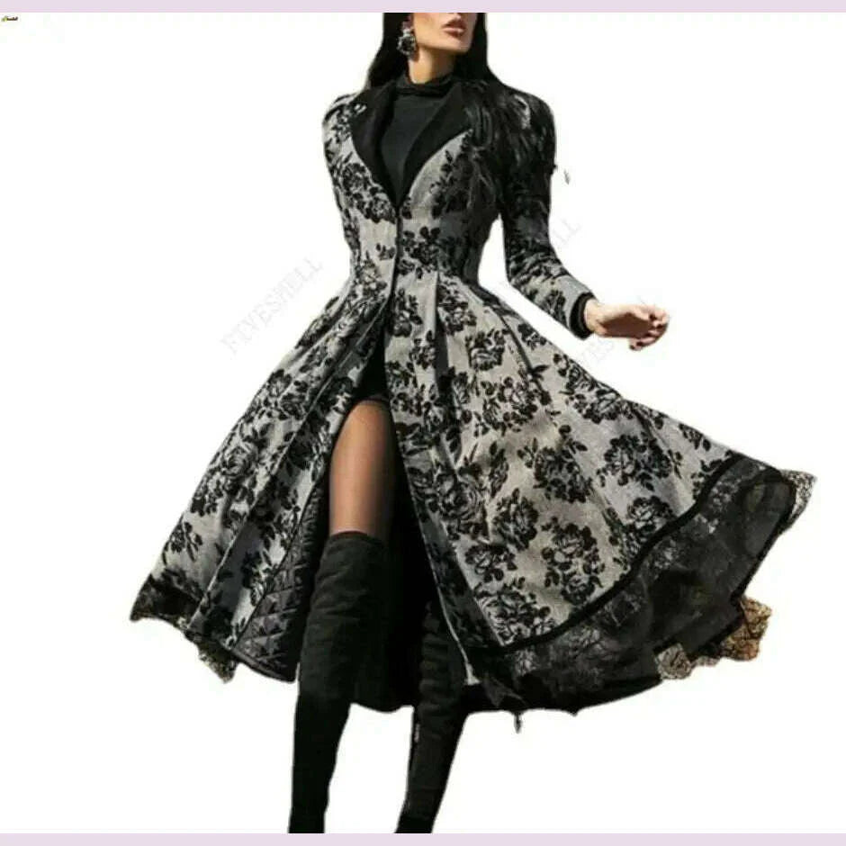 Women's Dress Autumn Winter Lady Coat Long Sleeve Medieval Lace Stitching A-line Elegant Long Black Grey Cosplay Fancy Dresses