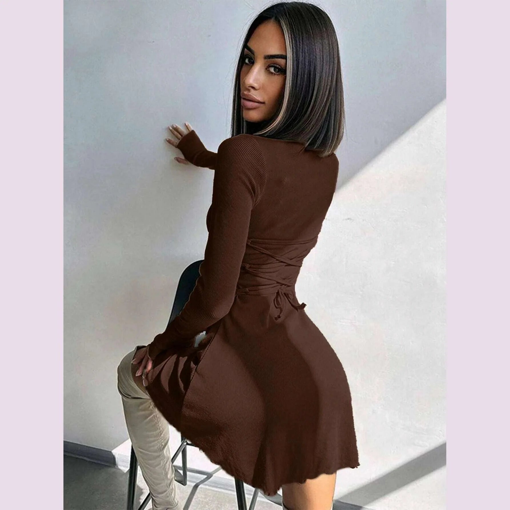 Women's Sexy Club Long Sleeve Mini Bodycon Dress Suitable For Nightclub, Family Party, Vacation, Leisure