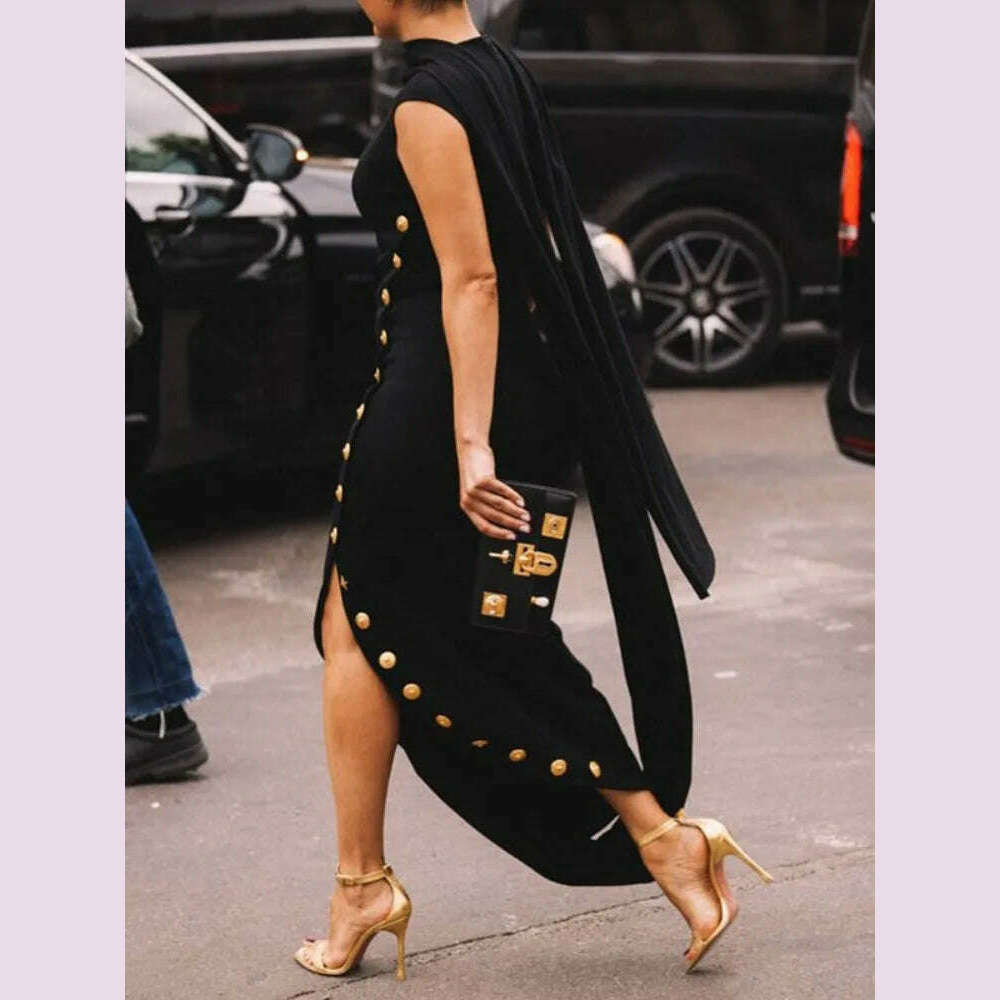 Yeezzi Urban Lady Fashion Shawl Collar Elegant Evening A-line Dress 2025 Summer Sleeveless Split-Side Buttons Vintage Dresses