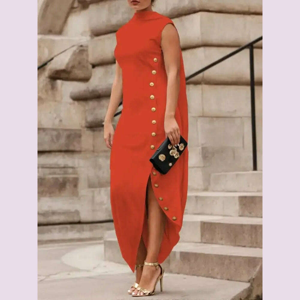 Yeezzi Urban Lady Fashion Shawl Collar Elegant Evening A-line Dress 2025 Summer Sleeveless Split-Side Buttons Vintage Dresses