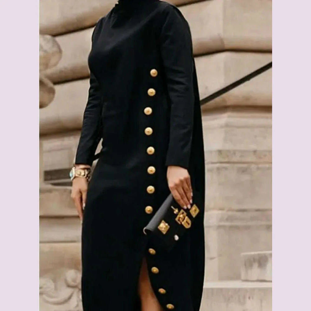 Yeezzi Women's Fashion Buttoned Split-Side High Neck Black Dress 2024 New Long Sleeves Loose Urban Office Commute Maxi Dresses