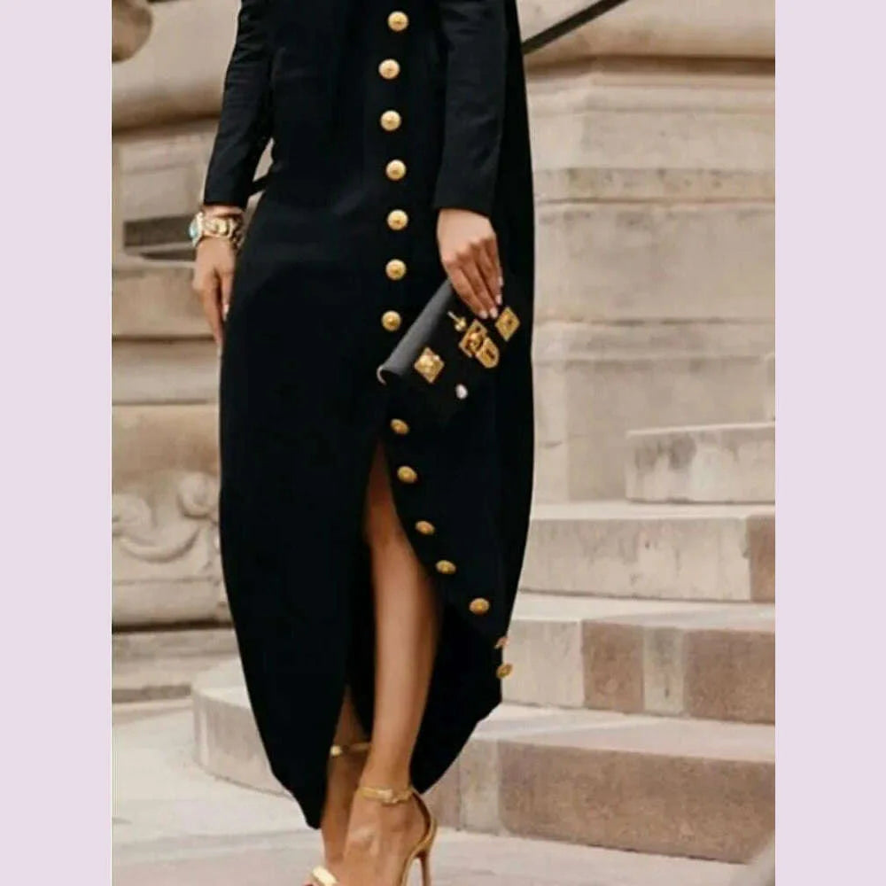 Yeezzi Women's Fashion Buttoned Split-Side High Neck Black Dress 2024 New Long Sleeves Loose Urban Office Commute Maxi Dresses