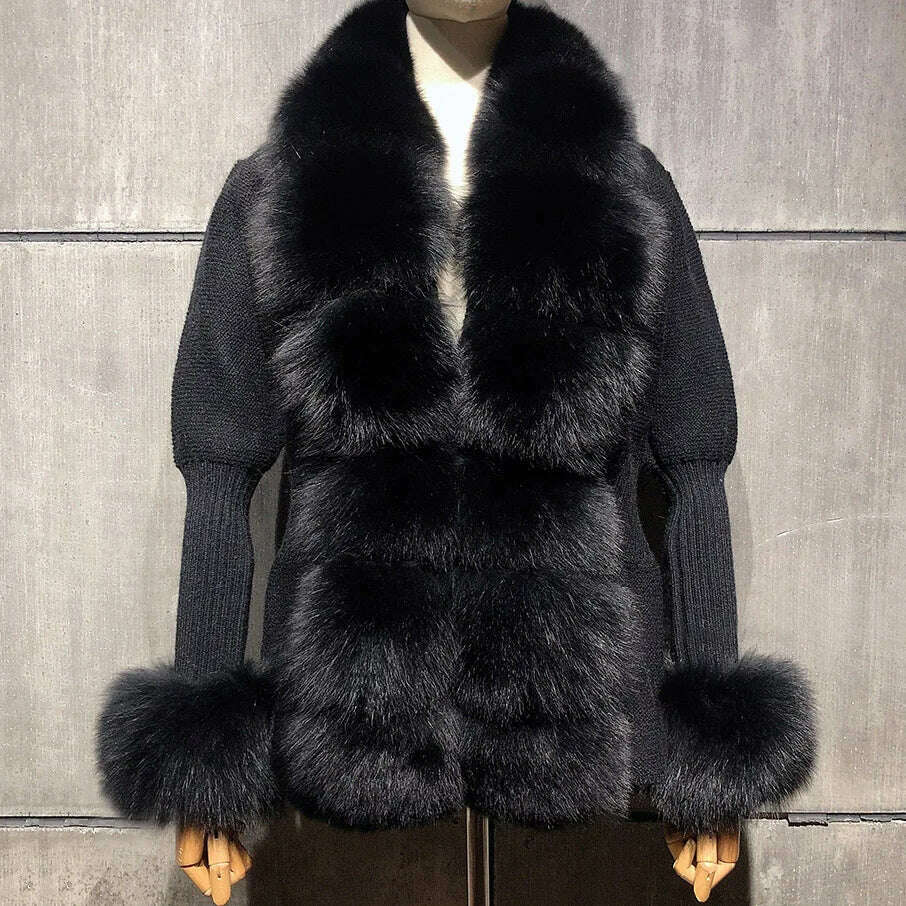 YOLOAgain Autumn Elegant Slim Black Sweater Real Fox Fur Cardigan Women Outerwear
