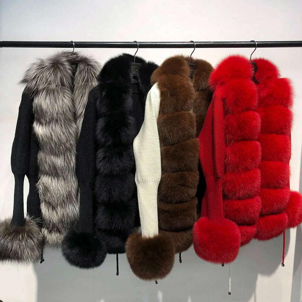 YOLOAgain Autumn Elegant Slim Black Sweater Real Fox Fur Cardigan Women Outerwear