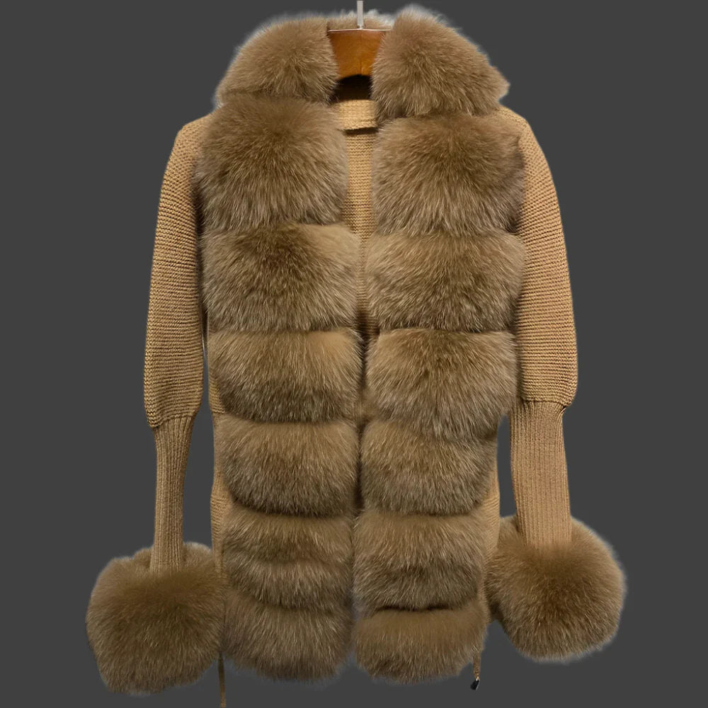 YOLOAgain Autumn Elegant Slim Black Sweater Real Fox Fur Cardigan Women Outerwear