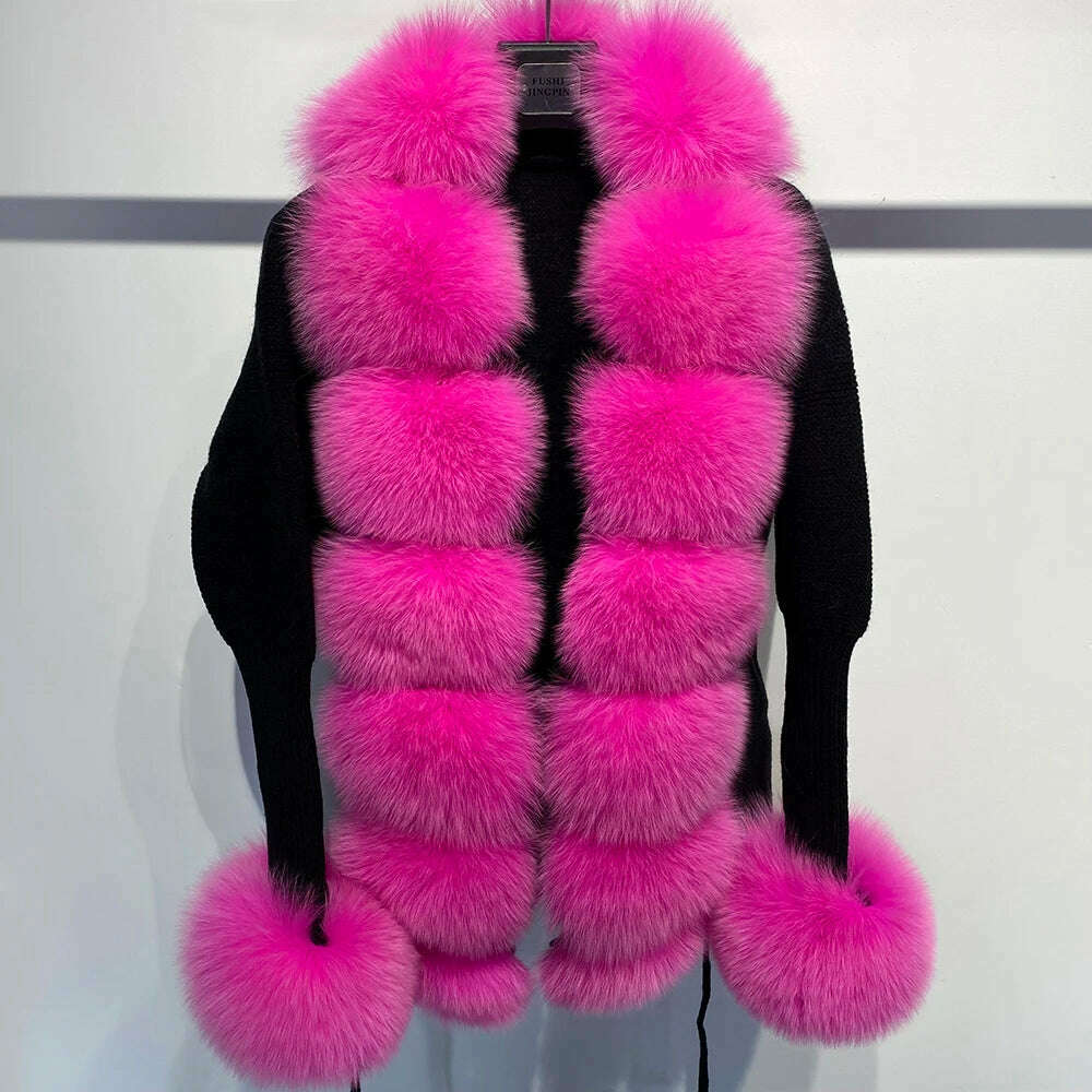 YOLOAgain Autumn Elegant Slim Black Sweater Real Fox Fur Cardigan Women Outerwear