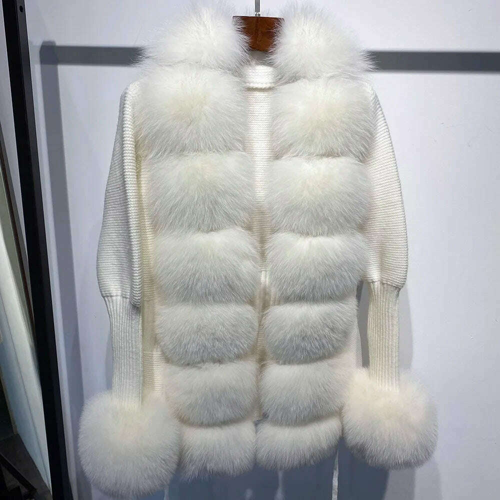 YOLOAgain Autumn Elegant Slim Black Sweater Real Fox Fur Cardigan Women Outerwear