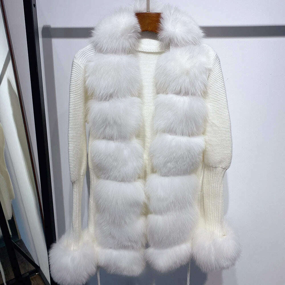 YOLOAgain Autumn Elegant Slim Black Sweater Real Fox Fur Cardigan Women Outerwear