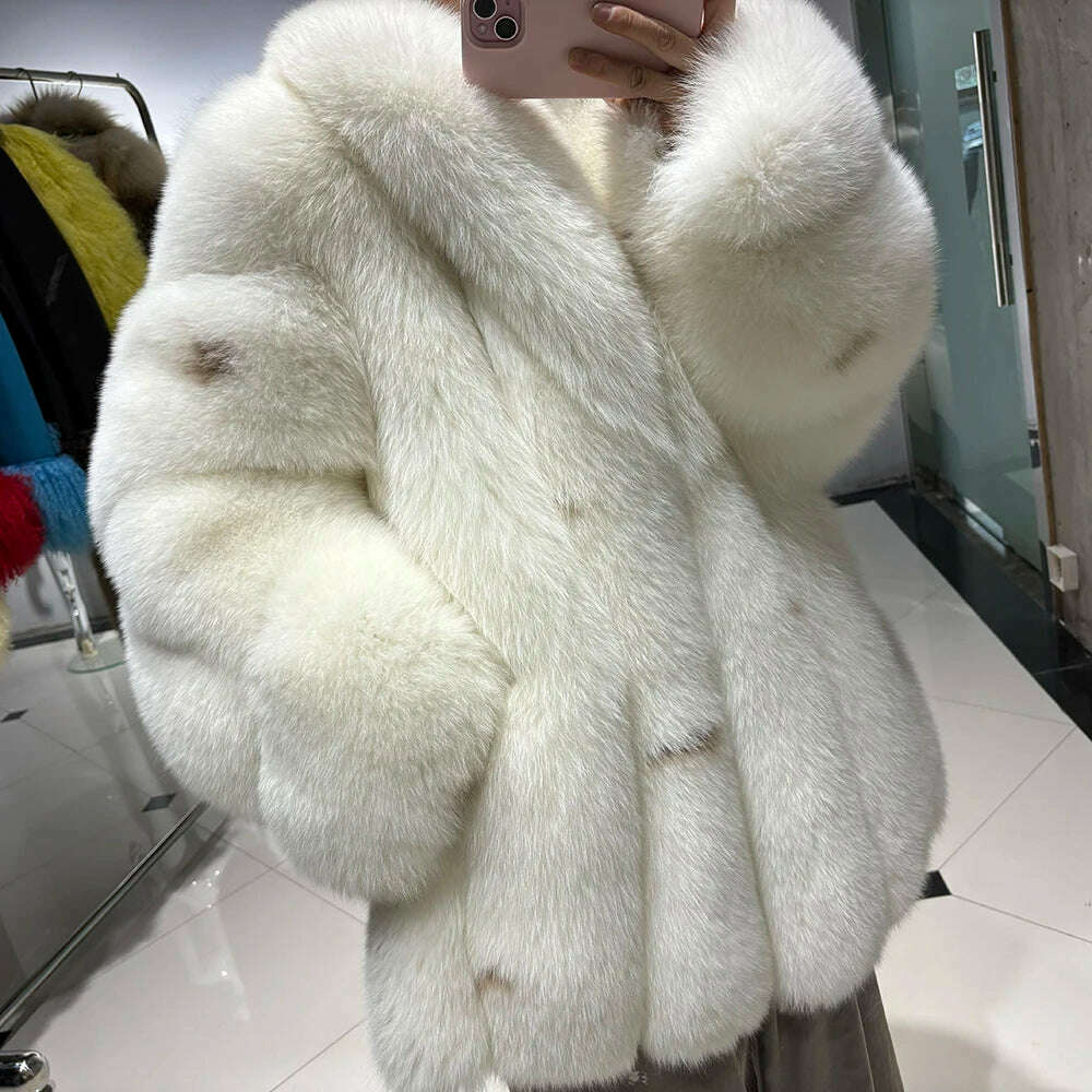 YOLOAgain Women's Luxury White Fox Fur Coat 2024 Winter Warm Real Fox Fur Jacket