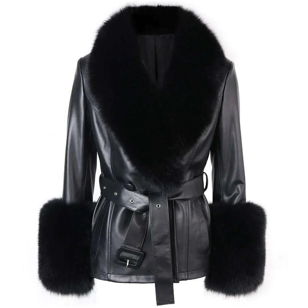 YOLOAgain Women's Real Fox Fur Collar Sheepskin Leather Jacket Coat Autumn 2024