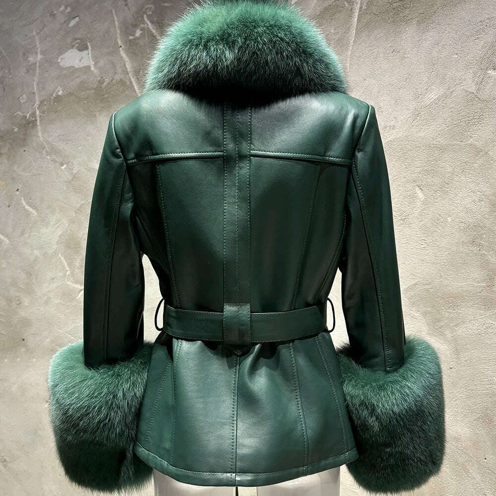 YOLOAgain Women's Real Fox Fur Collar Sheepskin Leather Jacket Coat Autumn 2024