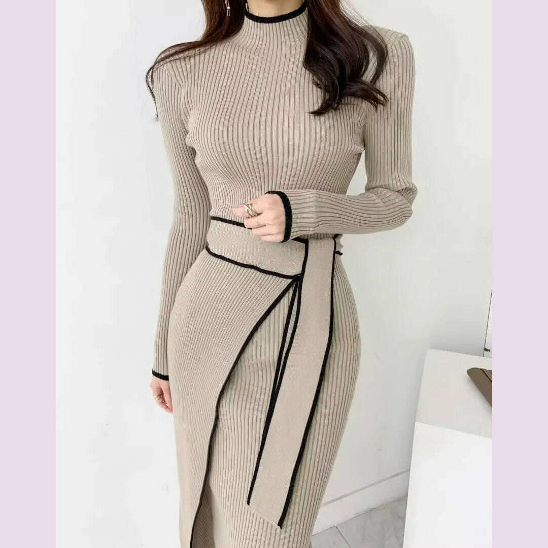 YuooMuoo Elegant Lace Up Turtleneck Knitted Long Dress Korean Fashion Khaki Black Rib Bandage Bodycon Sweater Dress Robe Femme