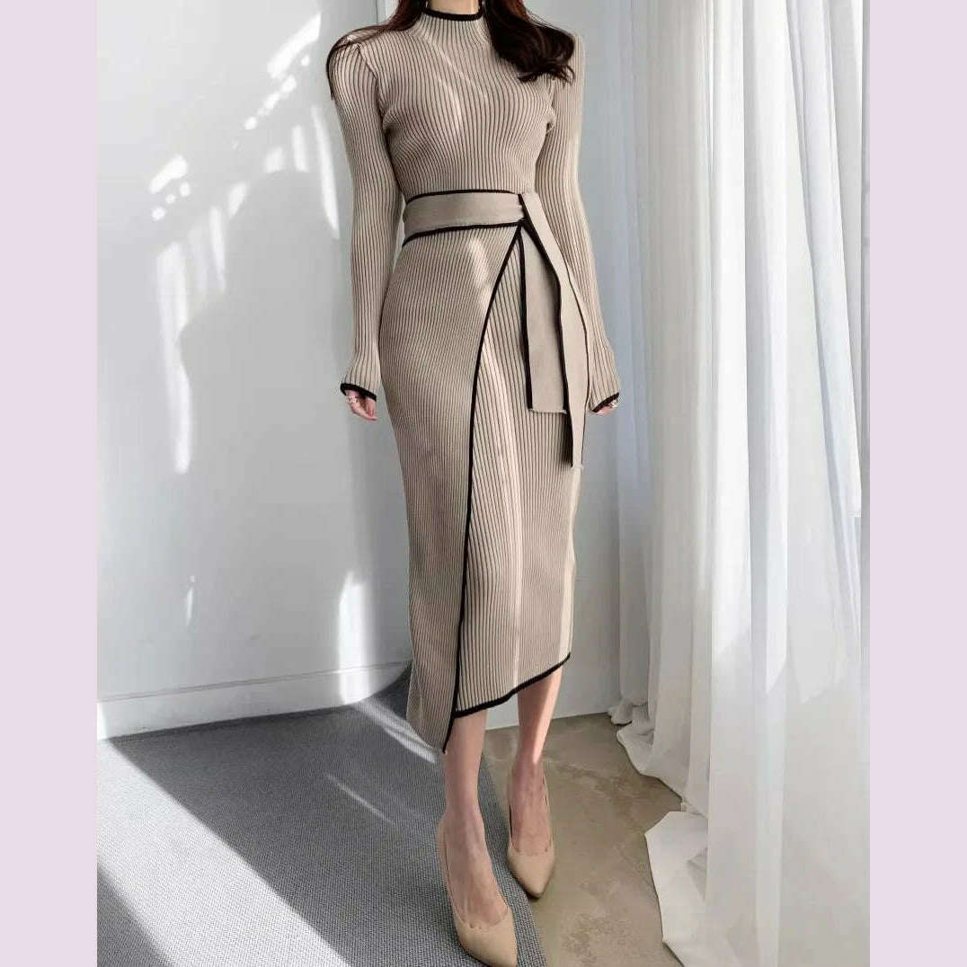 YuooMuoo Elegant Lace Up Turtleneck Knitted Long Dress Korean Fashion Khaki Black Rib Bandage Bodycon Sweater Dress Robe Femme