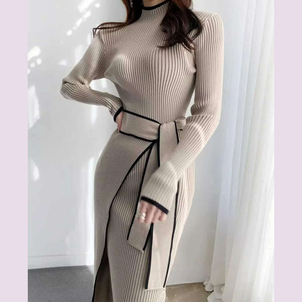 YuooMuoo Elegant Lace Up Turtleneck Knitted Long Dress Korean Fashion Khaki Black Rib Bandage Bodycon Sweater Dress Robe Femme
