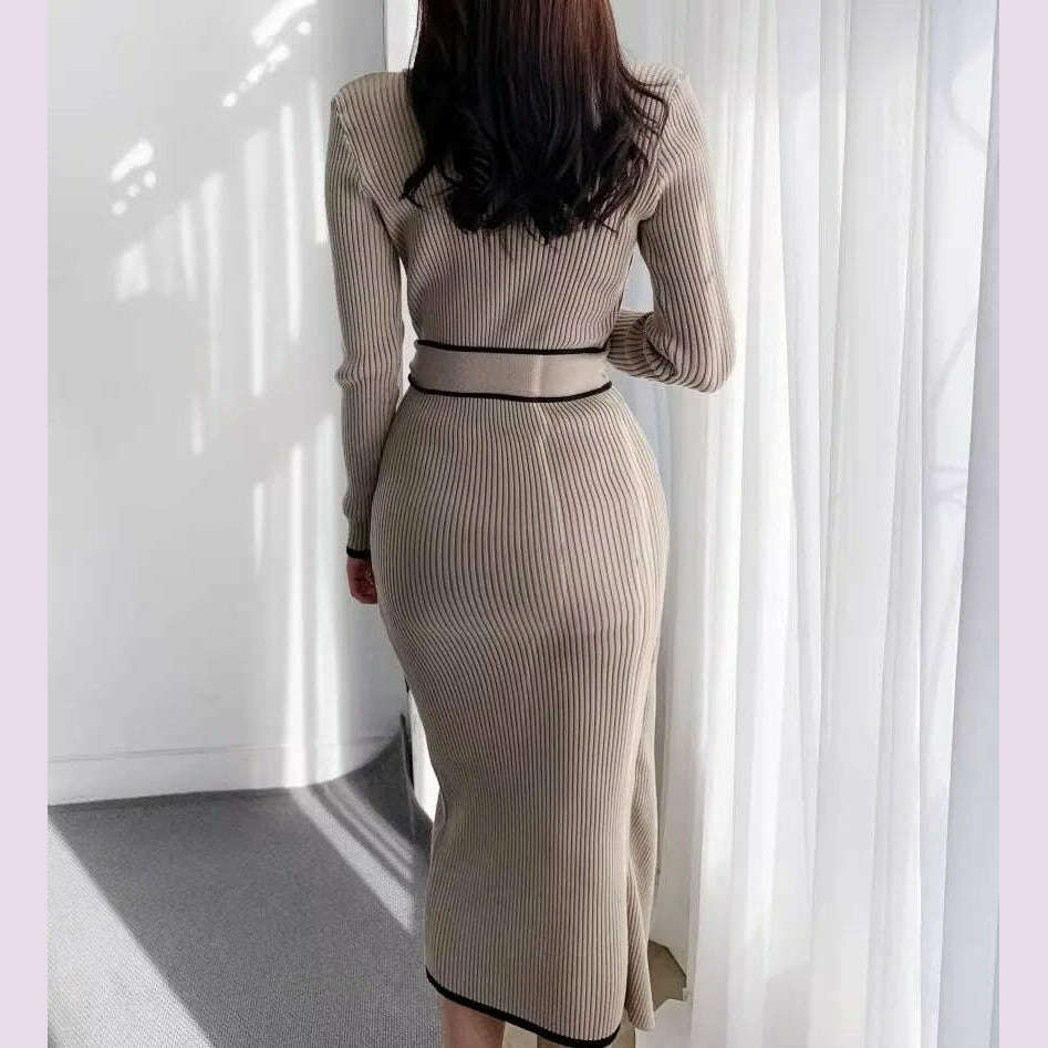YuooMuoo Elegant Lace Up Turtleneck Knitted Long Dress Korean Fashion Khaki Black Rib Bandage Bodycon Sweater Dress Robe Femme