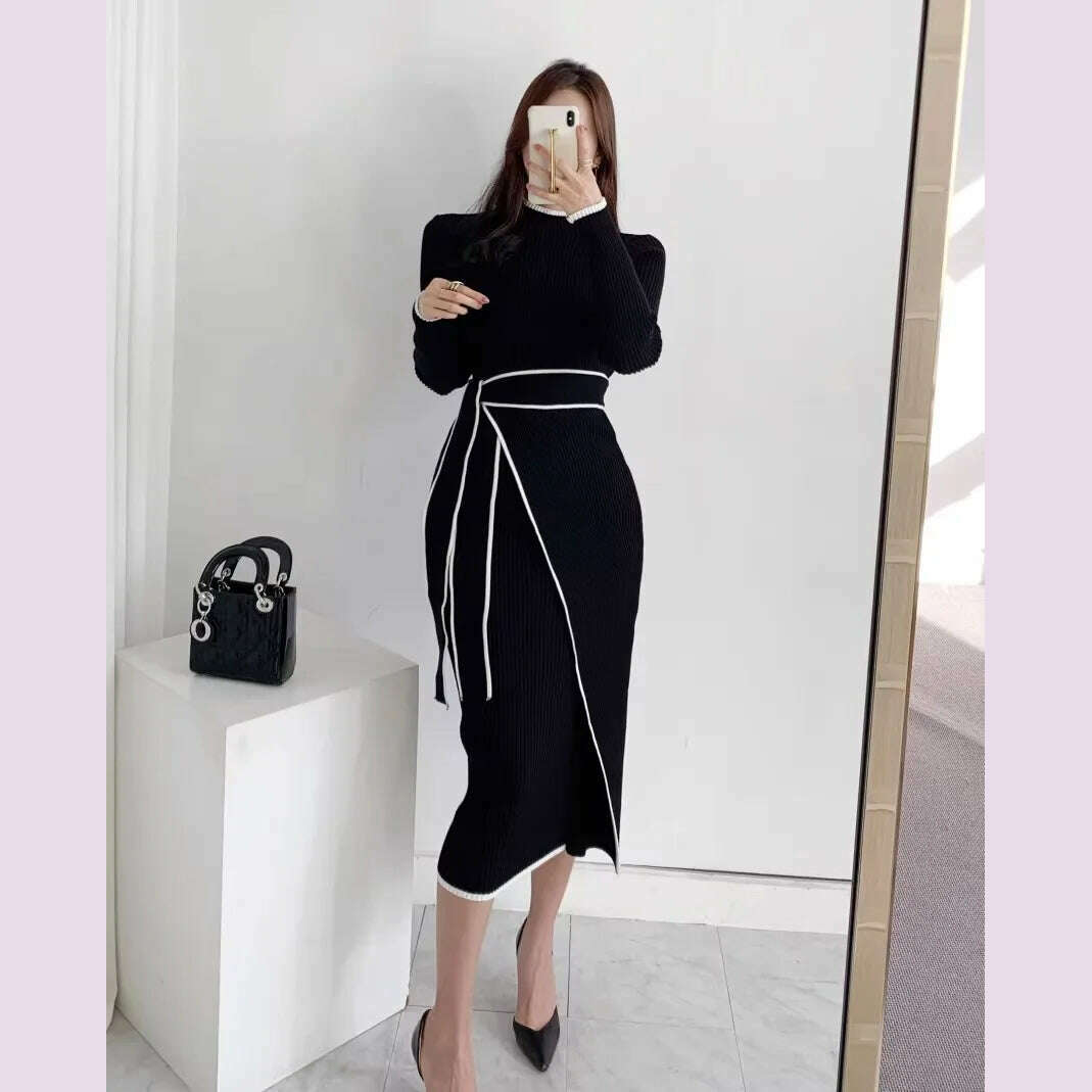 YuooMuoo Elegant Lace Up Turtleneck Knitted Long Dress Korean Fashion Khaki Black Rib Bandage Bodycon Sweater Dress Robe Femme