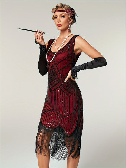 Sequined Fringe Hem Tank Dress, Vintage Sleeveless Bodycon Dress For Banquet & Party, Women's Clothing