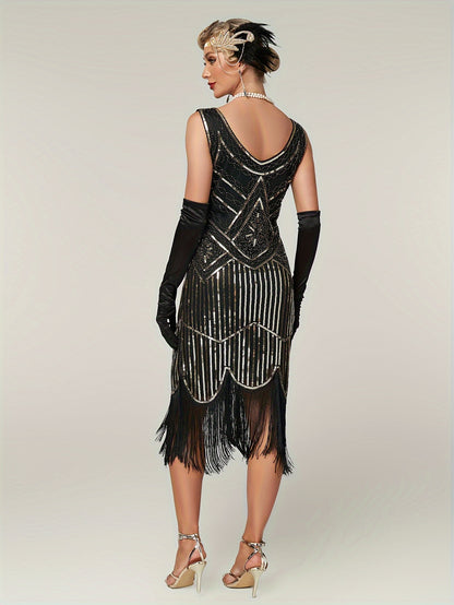 Sequined Fringe Hem Tank Dress, Vintage Sleeveless Bodycon Dress For Banquet & Party, Women's Clothing