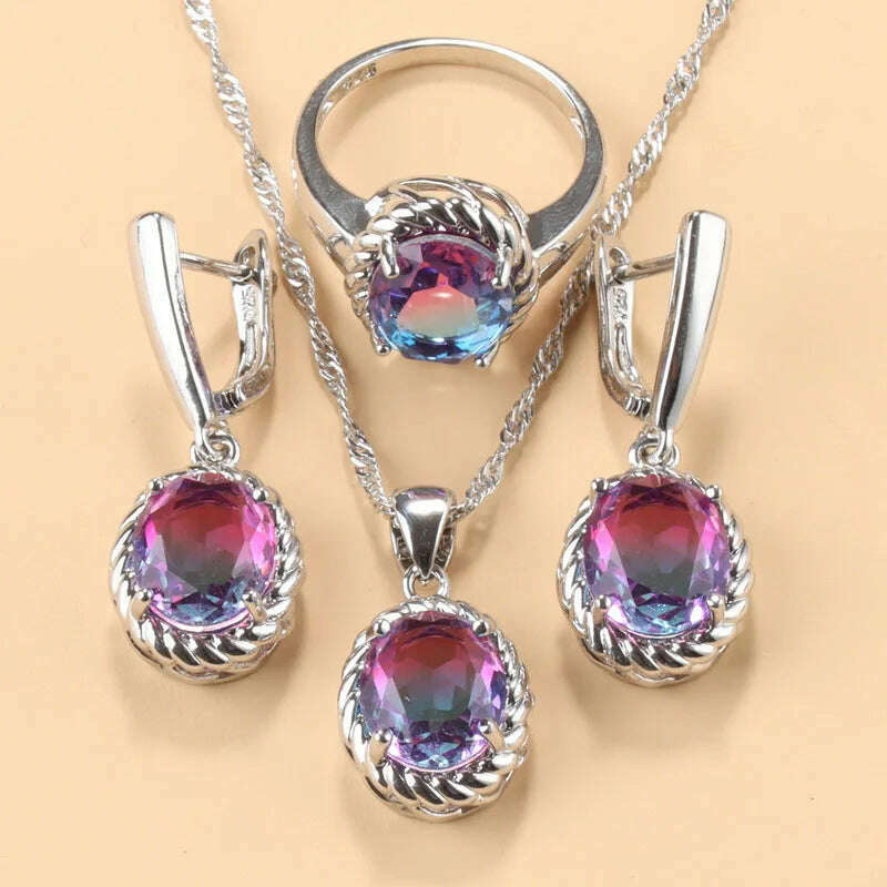 13-Colors Stone 925 Silver Bridal Jewelry Sets Wedding Ring Costume Earrings Pendant Chain Necklace For Women Christmas Gift