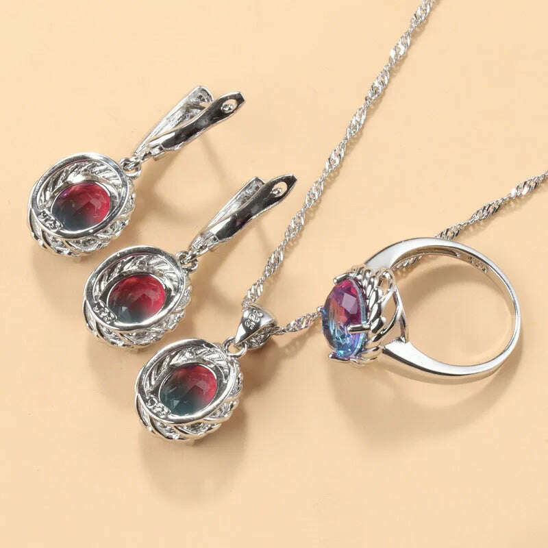 13-Colors Stone 925 Silver Bridal Jewelry Sets Wedding Ring Costume Earrings Pendant Chain Necklace For Women Christmas Gift