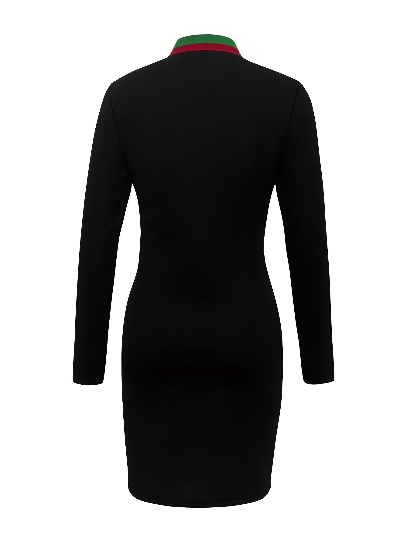 Elegant Color Block Long Sleeve Bodycon Dress with Stand Collar - High-Waisted, Stretchy Polyester Blend, Perfect for Spring/Fall, Black & Green/Red Accents, Women'S Fashion, Autumn Fashion | Color Block Dress | Polyester Ble