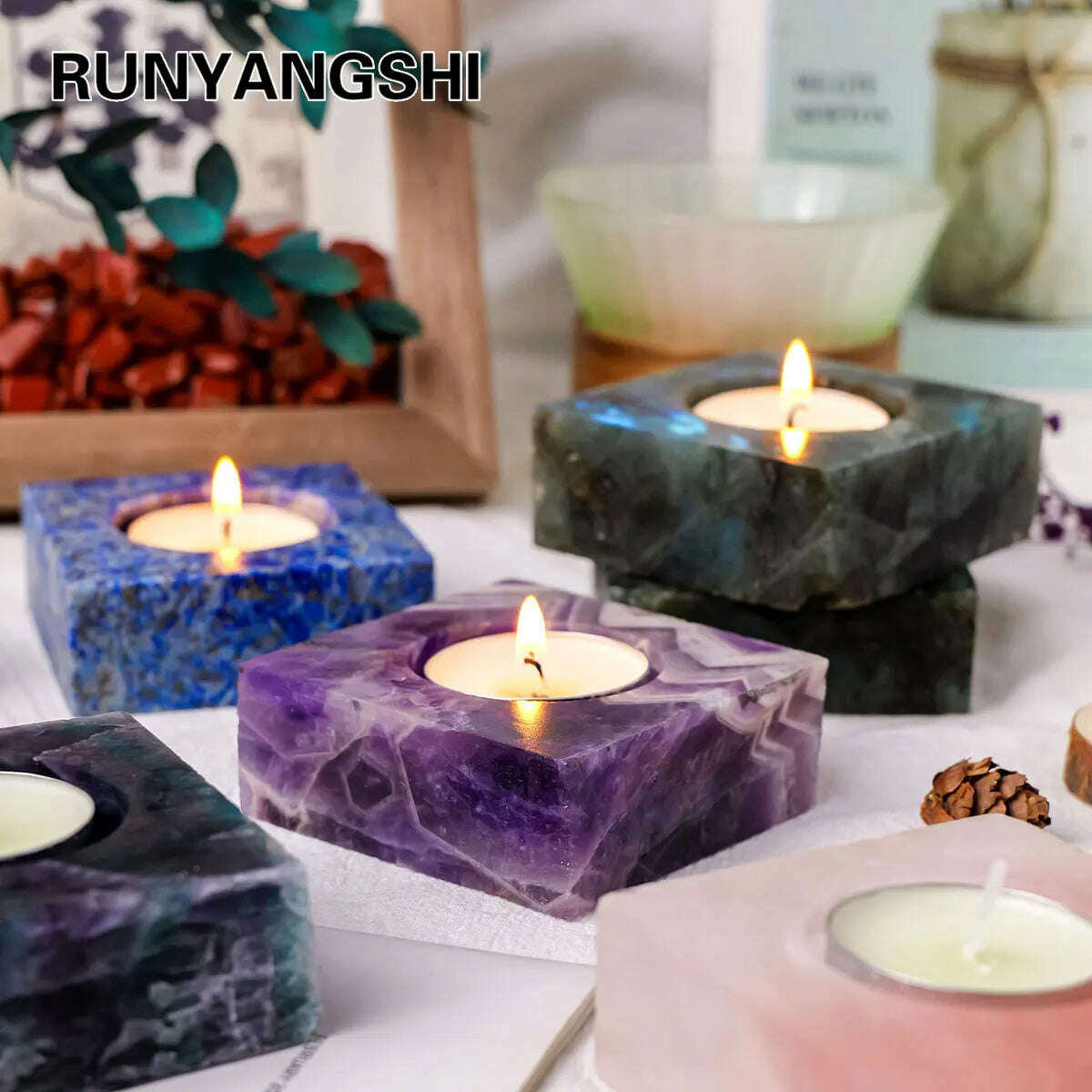 1pc Natural Crystal Raw Stone Square Rose Quartz Rough Candlestick Clear Quartz Smokeless Candle Home Decoration