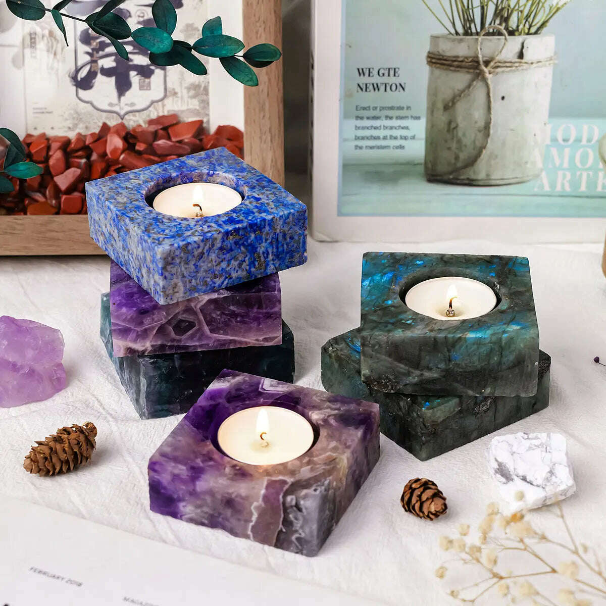 1pc Natural Crystal Raw Stone Square Rose Quartz Rough Candlestick Clear Quartz Smokeless Candle Home Decoration