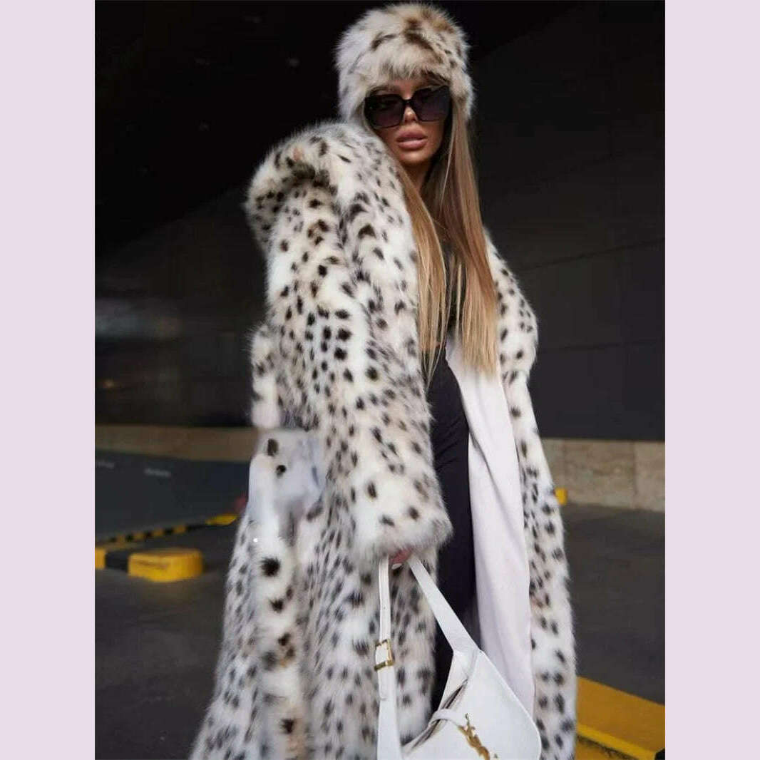 2 Color Winter Warm Loose Plush Windbreaker With Hat Women Faux Fox Fur Black White Dot Leopard Coat Ladies Thick Long Overcoat