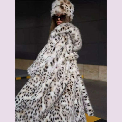 2 Color Winter Warm Loose Plush Windbreaker With Hat Women Faux Fox Fur Black White Dot Leopard Coat Ladies Thick Long Overcoat