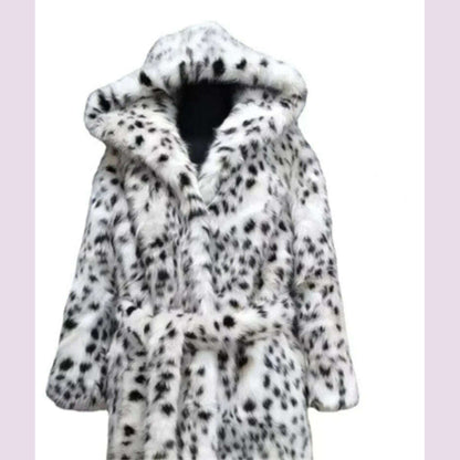 2 Color Winter Warm Loose Plush Windbreaker With Hat Women Faux Fox Fur Black White Dot Leopard Coat Ladies Thick Long Overcoat