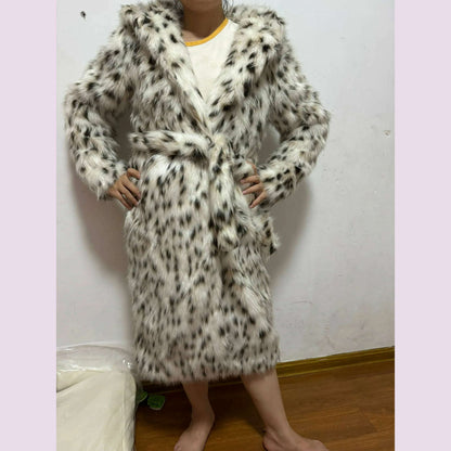 2 Color Winter Warm Loose Plush Windbreaker With Hat Women Faux Fox Fur Black White Dot Leopard Coat Ladies Thick Long Overcoat