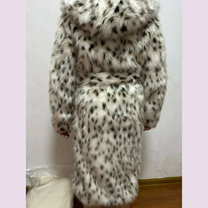 2 Color Winter Warm Loose Plush Windbreaker With Hat Women Faux Fox Fur Black White Dot Leopard Coat Ladies Thick Long Overcoat