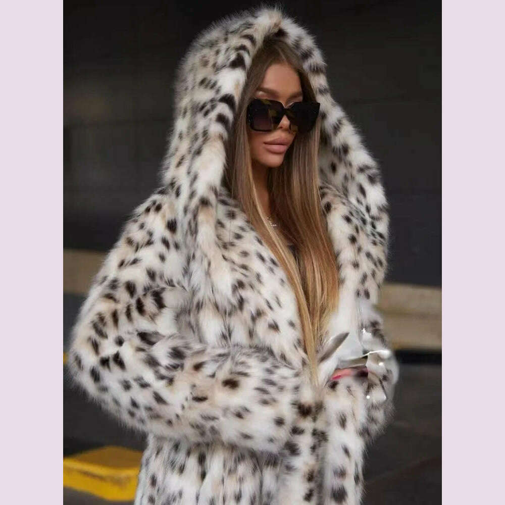2 Color Winter Warm Loose Plush Windbreaker With Hat Women Faux Fox Fur Black White Dot Leopard Coat Ladies Thick Long Overcoat