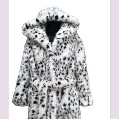 2 Color Winter Warm Loose Plush Windbreaker With Hat Women Faux Fox Fur Black White Dot Leopard Coat Ladies Thick Long Overcoat