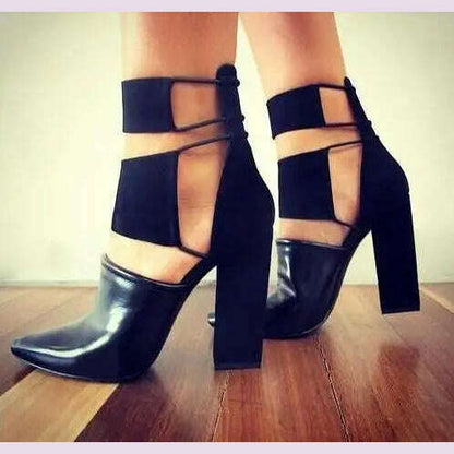 2017 Spring Fashion Black Smooth Leather Women Pointy Toe Pumps Thin Straps Cut Out Ladies Chunky Heel Shoes Rome Style Pumps