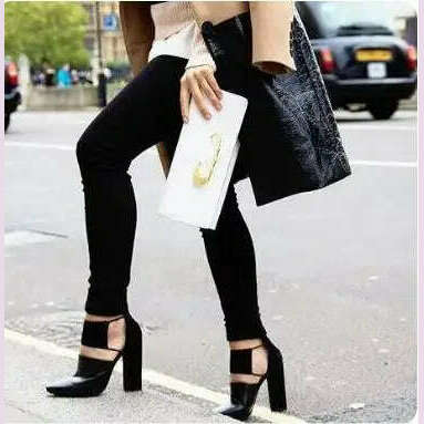 2017 Spring Fashion Black Smooth Leather Women Pointy Toe Pumps Thin Straps Cut Out Ladies Chunky Heel Shoes Rome Style Pumps