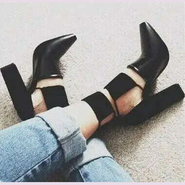 2017 Spring Fashion Black Smooth Leather Women Pointy Toe Pumps Thin Straps Cut Out Ladies Chunky Heel Shoes Rome Style Pumps