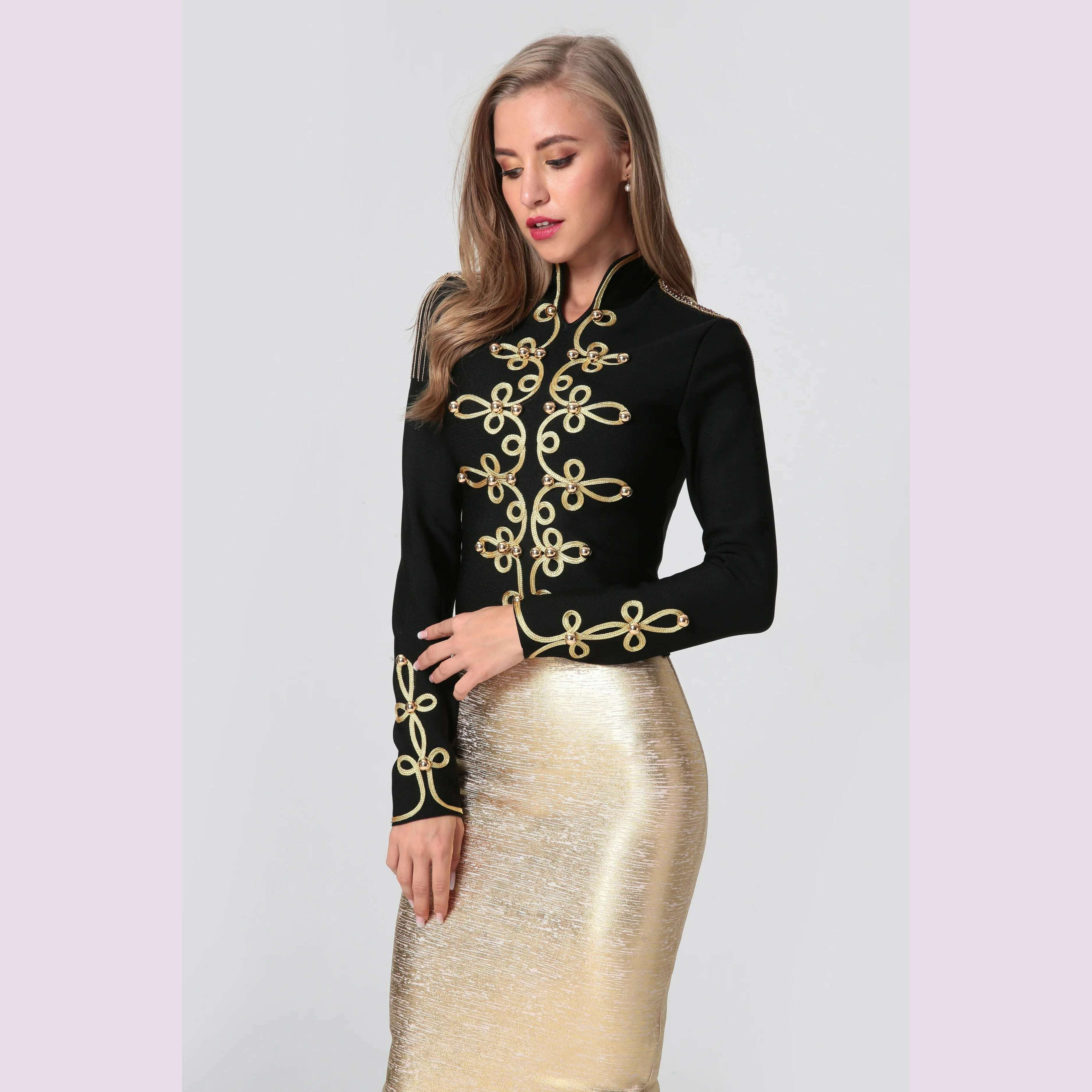 2021 New Winter Autumn Fashion Women's Bandage Jacket Long Sleeve Casual Sexy Black Night Club Party Coat Outwear Female Golden