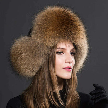 2023 100% Real Fox Fur Hats Women's Russian Ushanka Aviator Trapper Snow Skiing Hat Caps Earflap Winter Raccoon Fur Bomber Hat