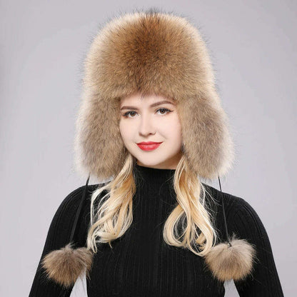 2023 100% Real Fox Fur Hats Women's Russian Ushanka Aviator Trapper Snow Skiing Hat Caps Earflap Winter Raccoon Fur Bomber Hat